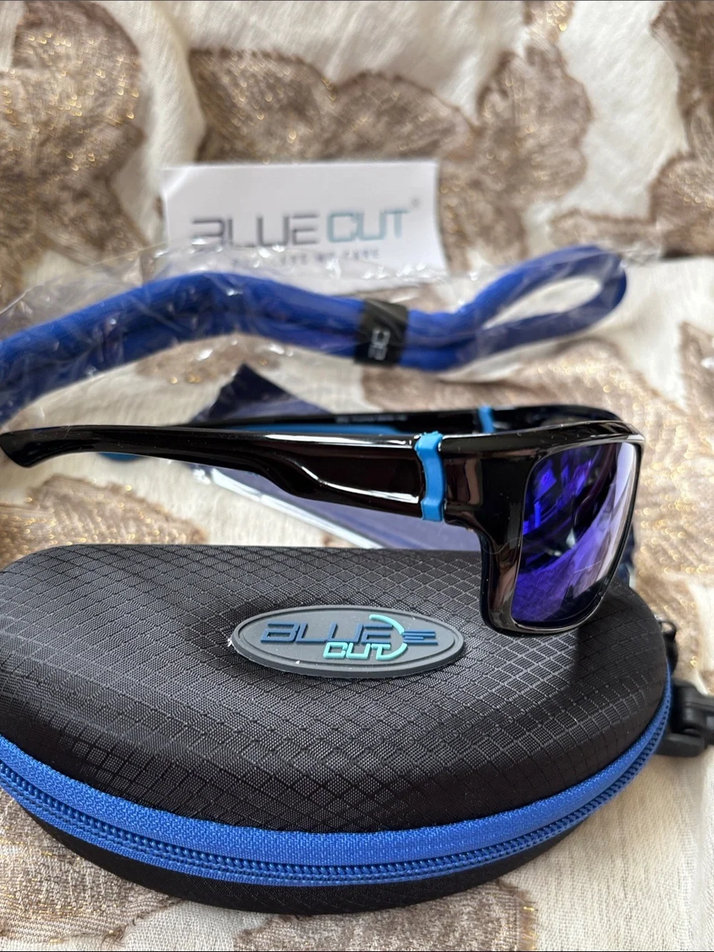 Blue Cut Polarized Blue Mirror Lens Shiny Black Frame Sunglasses Sporty Wrap